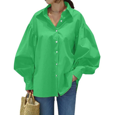 Vintage ležerna košulja s lanternastim rukavima Ležerna vintage seksi bijela bluza s gumbima Ženska lanterna rukavima Prevelike široke ženske Shi