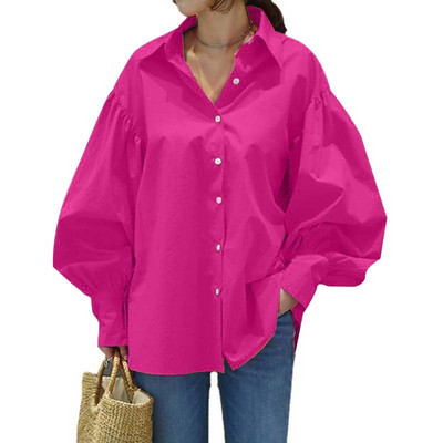 Vintage ležerna košulja s lanternastim rukavima Ležerna vintage seksi bijela bluza s gumbima Ženska lanterna rukavima Prevelike široke ženske Shi