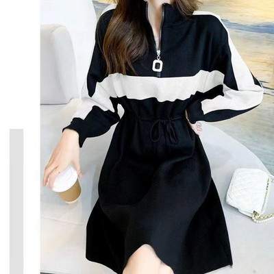 Toamnă iarnă rever lejer ocazional mozaic rochie hanorac doamnă cu mânecă lungă șiret în talie fermoar rochie rochii femei rochii