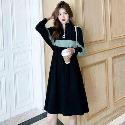 Toamnă iarnă rever lejer ocazional mozaic rochie hanorac doamnă cu mânecă lungă șiret în talie fermoar rochie rochii femei rochii