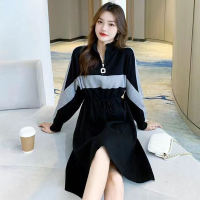 Toamnă iarnă rever lejer ocazional mozaic rochie hanorac doamnă cu mânecă lungă șiret în talie fermoar rochie rochii femei rochii