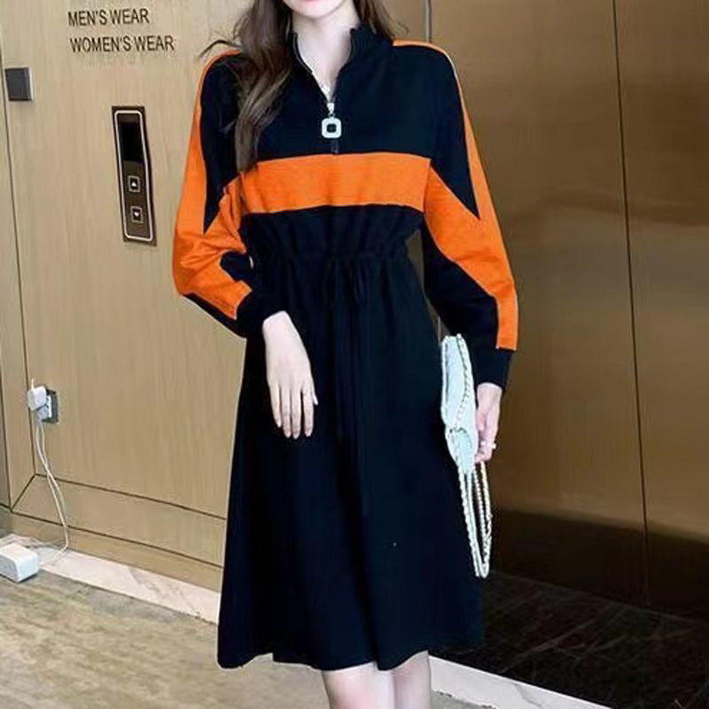 Toamnă iarnă rever lejer ocazional mozaic rochie hanorac doamnă cu mânecă lungă șiret în talie fermoar rochie rochii femei rochii