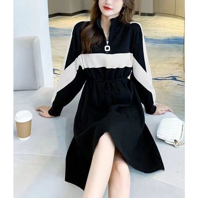 Toamnă iarnă rever lejer ocazional mozaic rochie hanorac doamnă cu mânecă lungă șiret în talie fermoar rochie rochii femei rochii