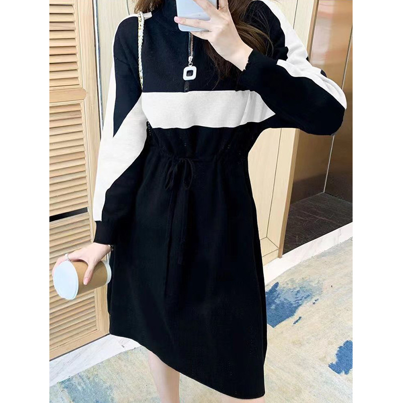 Toamnă iarnă rever lejer ocazional mozaic rochie hanorac doamnă cu mânecă lungă șiret în talie fermoar rochie rochii femei rochii