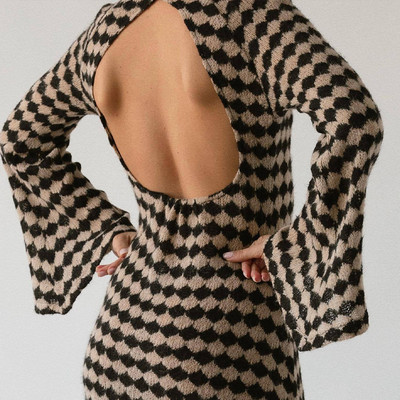 Rochie tricotată cu imprimeu geometric pentru femeie, toamnă, fără spate, cu mânecă lungă, sexy, rochii midi, modă, contrast, vacanță, haină
