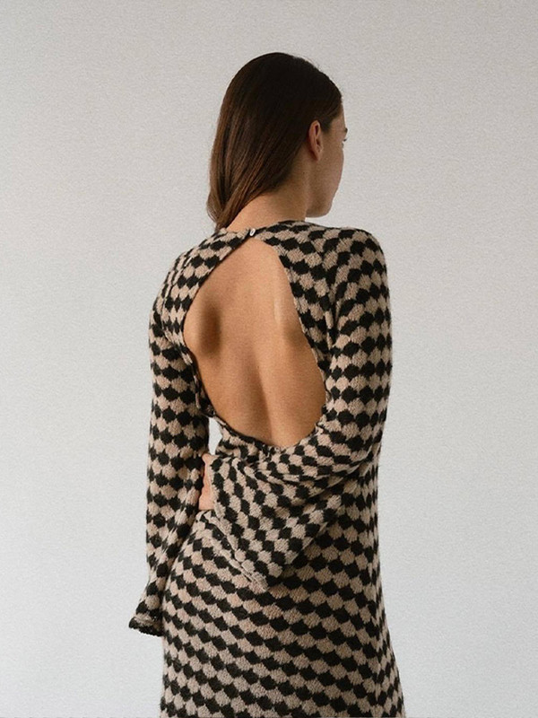 Rochie tricotată cu imprimeu geometric pentru femeie, toamnă, fără spate, cu mânecă lungă, sexy, rochii midi, modă, contrast, vacanță, haină