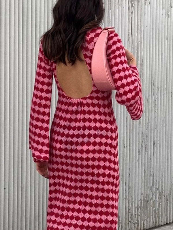 Rochie tricotată cu imprimeu geometric pentru femeie, toamnă, fără spate, cu mânecă lungă, sexy, rochii midi, modă, contrast, vacanță, haină