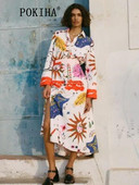 Pokiha 2023. Ženska vintage grafiti totem ispis boja podudaranja mašna pojas dugih rukava midi košulja haljina dame chic vestidos moda