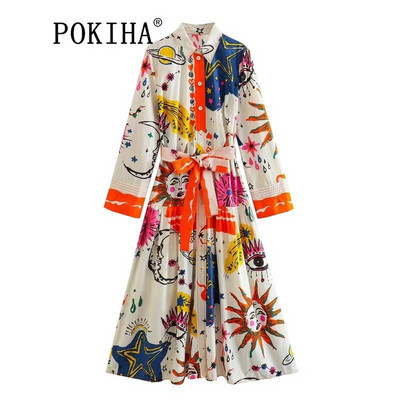 Pokiha 2023. Ženska vintage grafiti totem ispis boja podudaranja mašna pojas dugih rukava midi košulja haljina dame chic vestidos moda