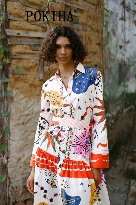 Pokiha 2023. Ženska vintage grafiti totem ispis boja podudaranja mašna pojas dugih rukava midi košulja haljina dame chic vestidos moda