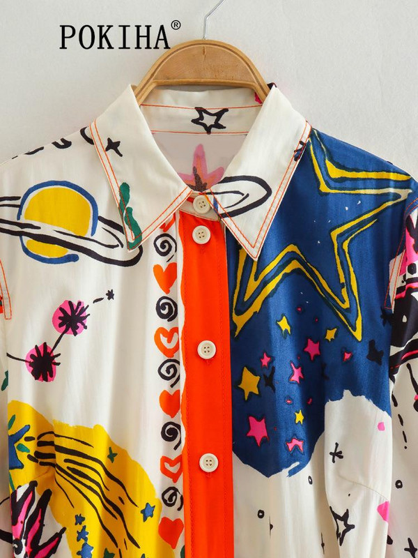 Pokiha 2023. Ženska vintage grafiti totem ispis boja podudaranja mašna pojas dugih rukava midi košulja haljina dame chic vestidos moda