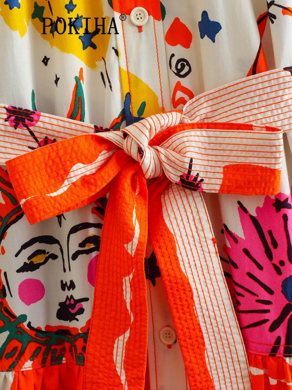 Pokiha 2023. Ženska vintage grafiti totem ispis boja podudaranja mašna pojas dugih rukava midi košulja haljina dame chic vestidos moda