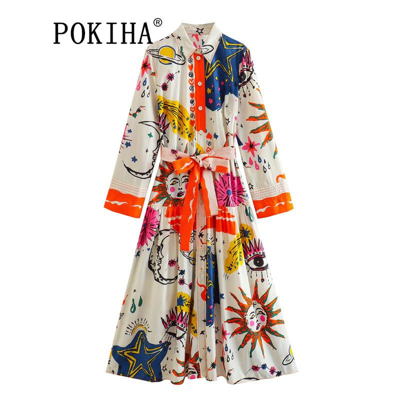 Pokiha 2023. Ženska vintage grafiti totem ispis boja podudaranja mašna pojas dugih rukava midi košulja haljina dame chic vestidos moda