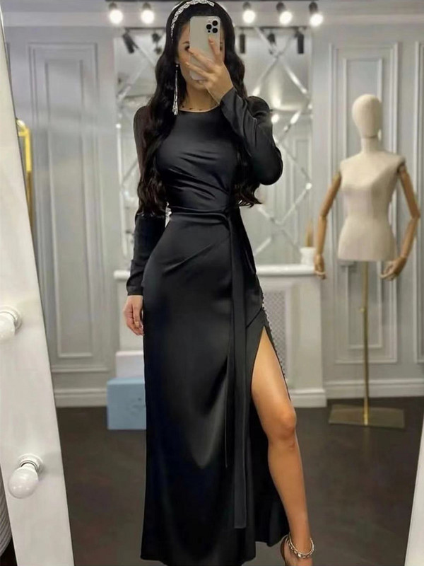 Steznik uski kroj Nepravilna haljina Modna ženska elegantna zimska maksi haljina s dugim rukavima i prorezom u struku, jednobojna, do gležnja