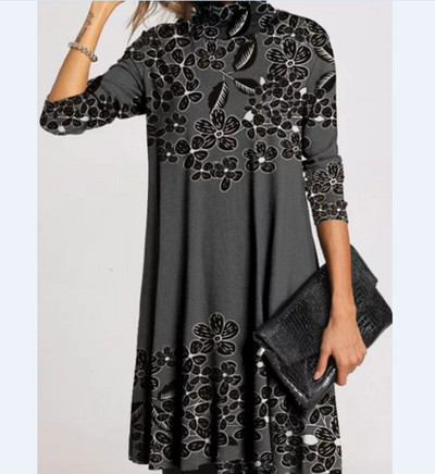 Toamnă Iarnă Casual Modă Rochie imprimată pe jumătate cu guler înalt Îmbrăcăminte pentru femei Mâneci lungi drepte Vintage Rochii cu talie largi