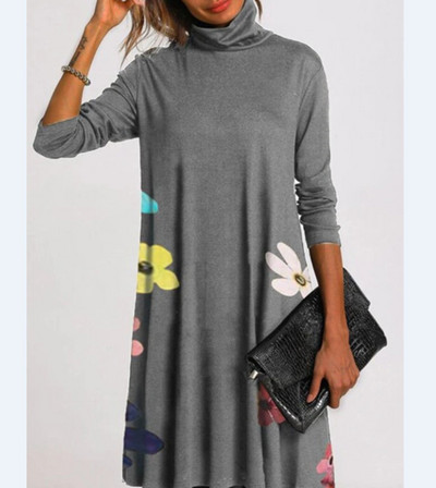 Toamnă Iarnă Casual Modă Rochie imprimată pe jumătate cu guler înalt Îmbrăcăminte pentru femei Mâneci lungi drepte Vintage Rochii cu talie largi