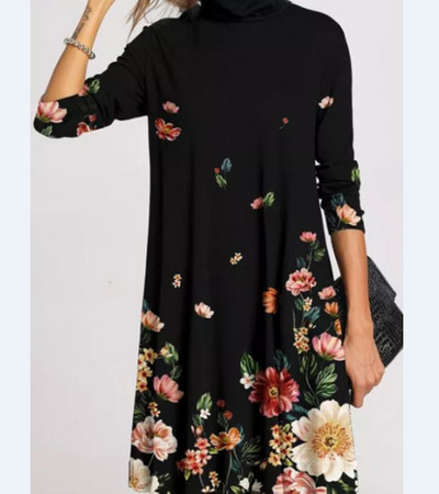 Toamnă Iarnă Casual Modă Rochie imprimată pe jumătate cu guler înalt Îmbrăcăminte pentru femei Mâneci lungi drepte Vintage Rochii cu talie largi