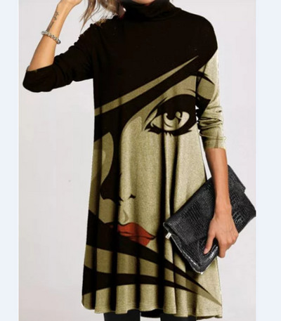 Toamnă Iarnă Casual Modă Rochie imprimată pe jumătate cu guler înalt Îmbrăcăminte pentru femei Mâneci lungi drepte Vintage Rochii cu talie largi
