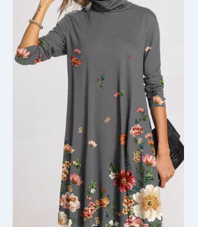 Toamnă Iarnă Casual Modă Rochie imprimată pe jumătate cu guler înalt Îmbrăcăminte pentru femei Mâneci lungi drepte Vintage Rochii cu talie largi