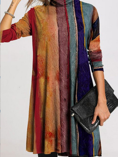 Toamnă Iarnă Casual Modă Rochie imprimată pe jumătate cu guler înalt Îmbrăcăminte pentru femei Mâneci lungi drepte Vintage Rochii cu talie largi