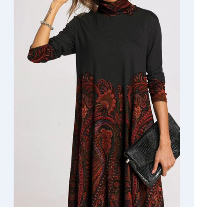 Toamnă Iarnă Casual Modă Rochie imprimată pe jumătate cu guler înalt Îmbrăcăminte pentru femei Mâneci lungi drepte Vintage Rochii cu talie largi