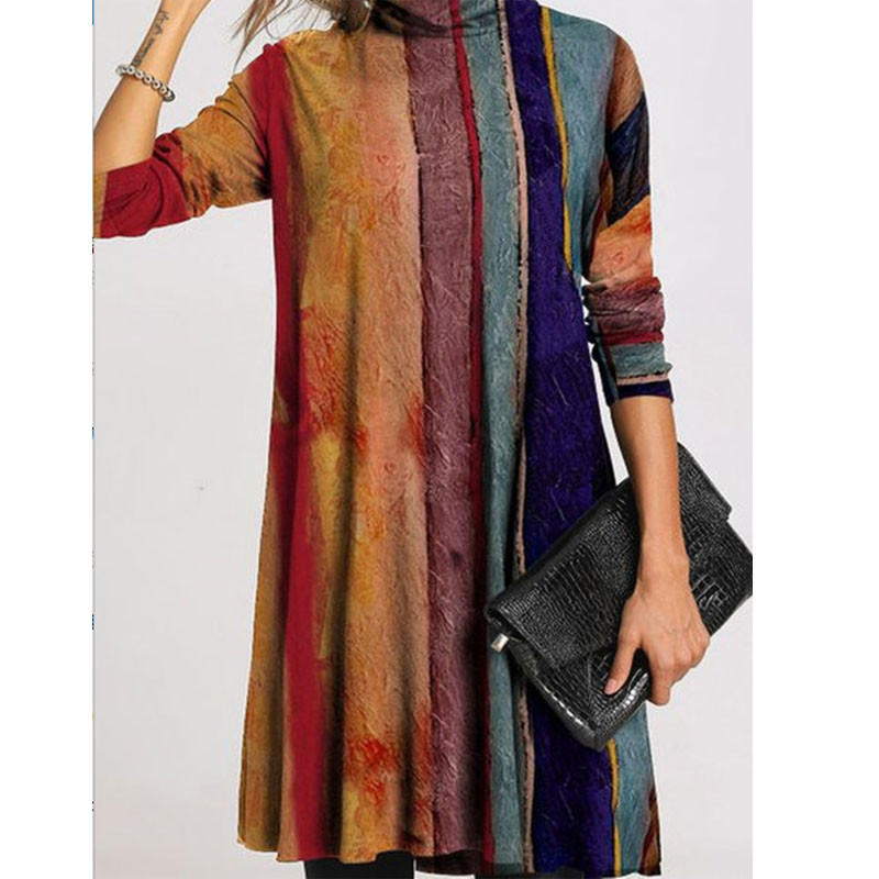 Toamnă Iarnă Casual Modă Rochie imprimată pe jumătate cu guler înalt Îmbrăcăminte pentru femei Mâneci lungi drepte Vintage Rochii cu talie largi