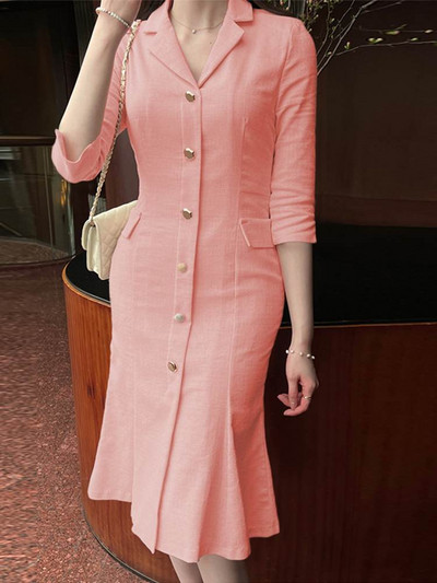 Robe de modă cu guler cu revere ZANZEA Rochii midi, mâneci 3/4 pentru femei, rochie elegantă, subțire, cu coadă de pește, rochie lungă, cu nasturi de toamnă 2023