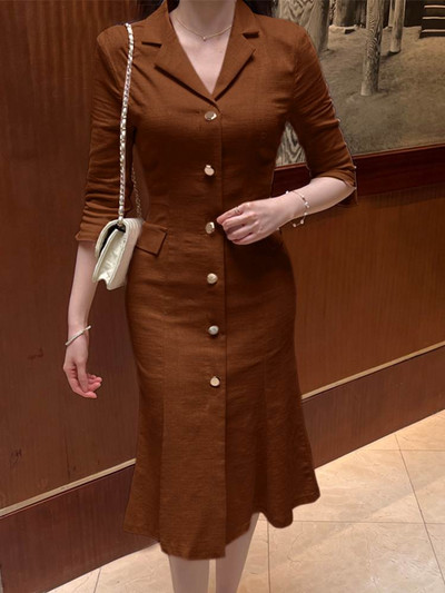 Robe de modă cu guler cu revere ZANZEA Rochii midi, mâneci 3/4 pentru femei, rochie elegantă, subțire, cu coadă de pește, rochie lungă, cu nasturi de toamnă 2023