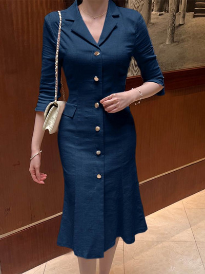 Robe de modă cu guler cu revere ZANZEA Rochii midi, mâneci 3/4 pentru femei, rochie elegantă, subțire, cu coadă de pește, rochie lungă, cu nasturi de toamnă 2023