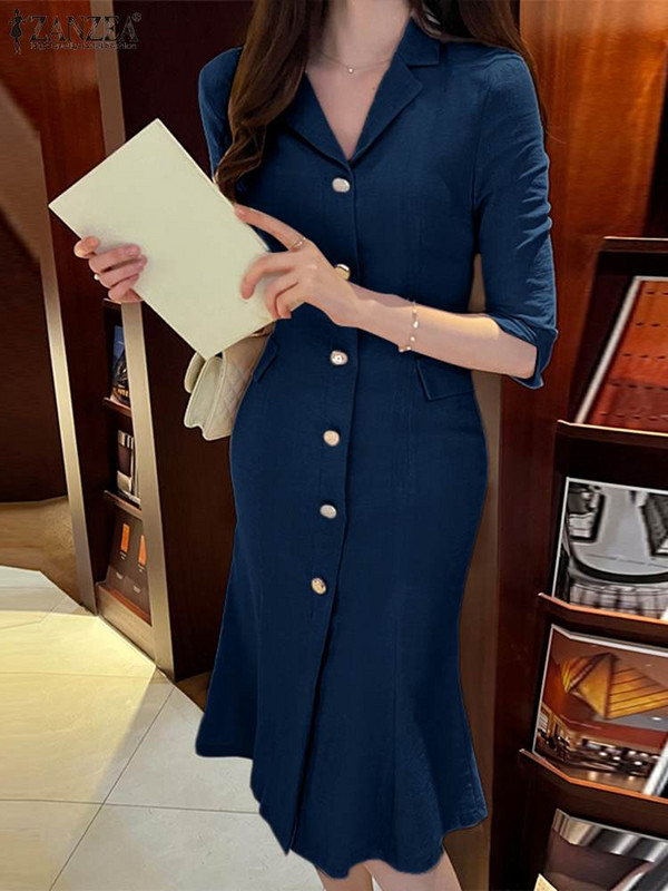 Robe de modă cu guler cu revere ZANZEA Rochii midi, mâneci 3/4 pentru femei, rochie elegantă, subțire, cu coadă de pește, rochie lungă, cu nasturi de toamnă 2023