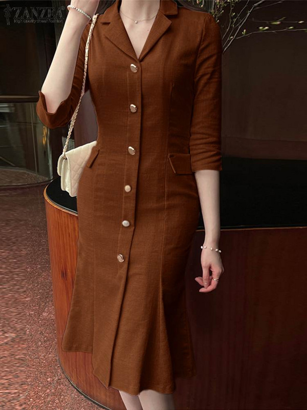 Robe de modă cu guler cu revere ZANZEA Rochii midi, mâneci 3/4 pentru femei, rochie elegantă, subțire, cu coadă de pește, rochie lungă, cu nasturi de toamnă 2023