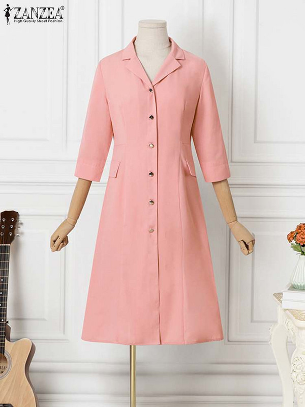 Robe de modă cu guler cu revere ZANZEA Rochii midi, mâneci 3/4 pentru femei, rochie elegantă, subțire, cu coadă de pește, rochie lungă, cu nasturi de toamnă 2023