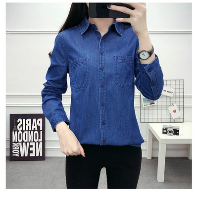 Νέα ανοιξιάτικη φθινοπωρινή γυναικεία βαμβακερή τσέπη Μακρυμάνικη μπλούζα με γιακά πουκάμισο με μπλε τζιν πουκάμισο casual τοπ