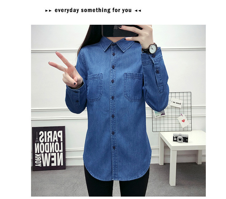 Νέα ανοιξιάτικη φθινοπωρινή γυναικεία βαμβακερή τσέπη Μακρυμάνικη μπλούζα με γιακά πουκάμισο με μπλε τζιν πουκάμισο casual τοπ