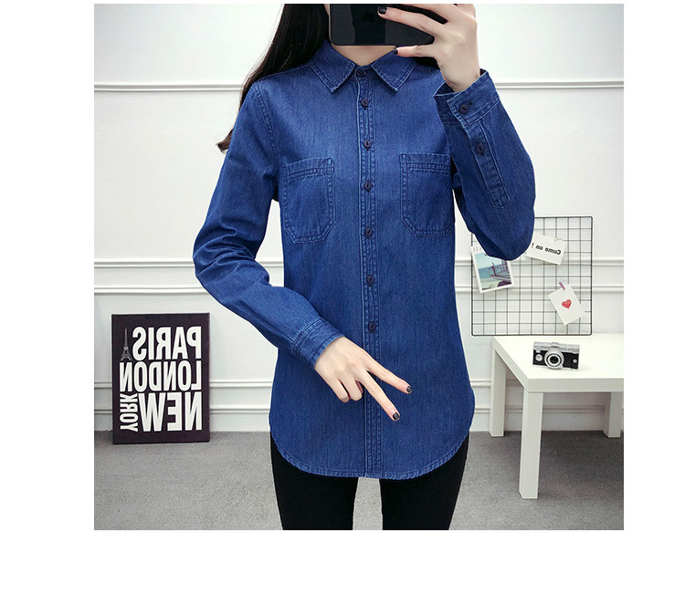 Νέα ανοιξιάτικη φθινοπωρινή γυναικεία βαμβακερή τσέπη Μακρυμάνικη μπλούζα με γιακά πουκάμισο με μπλε τζιν πουκάμισο casual τοπ