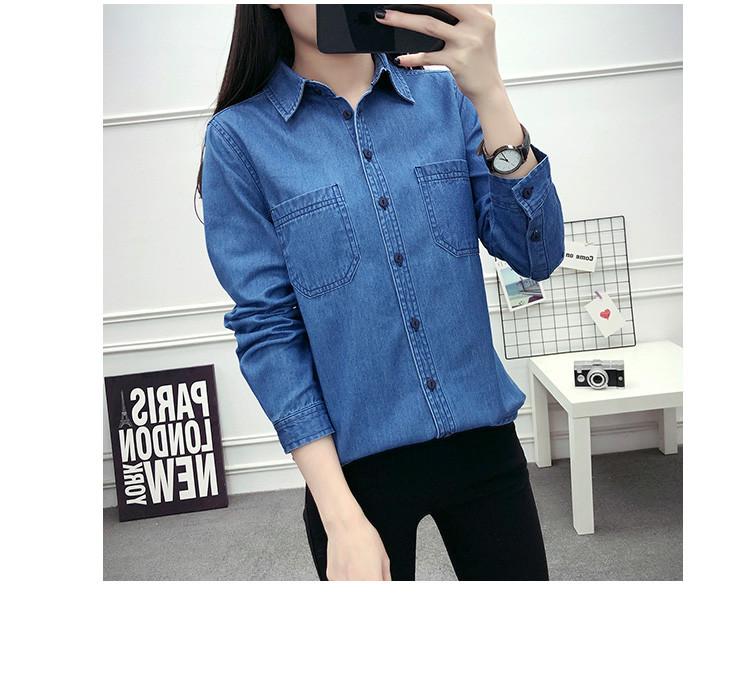 Νέα ανοιξιάτικη φθινοπωρινή γυναικεία βαμβακερή τσέπη Μακρυμάνικη μπλούζα με γιακά πουκάμισο με μπλε τζιν πουκάμισο casual τοπ