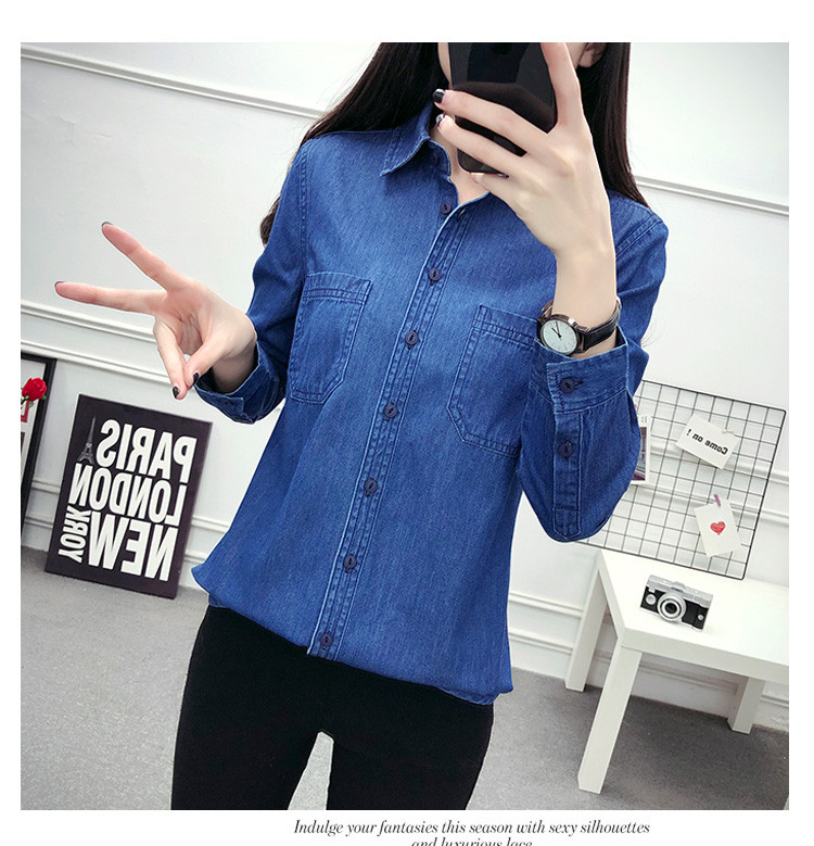 Νέα ανοιξιάτικη φθινοπωρινή γυναικεία βαμβακερή τσέπη Μακρυμάνικη μπλούζα με γιακά πουκάμισο με μπλε τζιν πουκάμισο casual τοπ