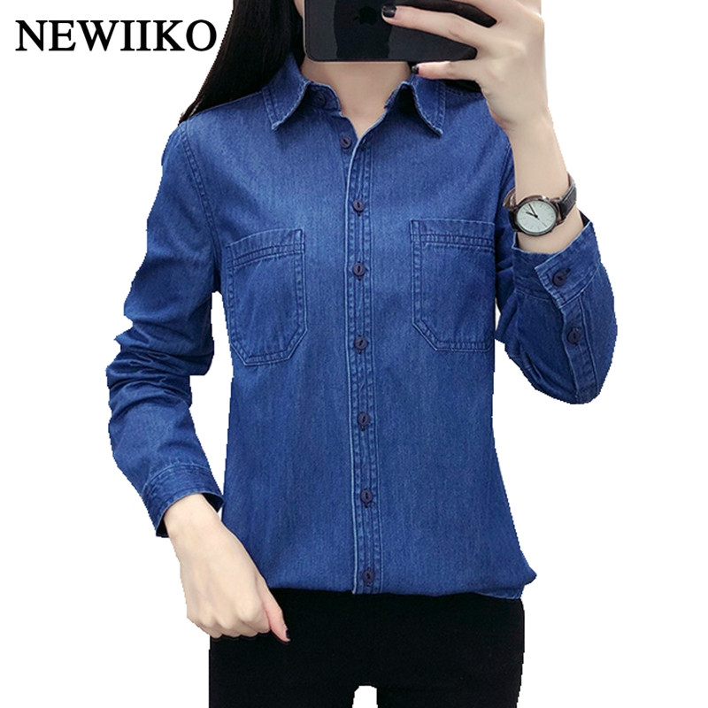 Νέα ανοιξιάτικη φθινοπωρινή γυναικεία βαμβακερή τσέπη Μακρυμάνικη μπλούζα με γιακά πουκάμισο με μπλε τζιν πουκάμισο casual τοπ