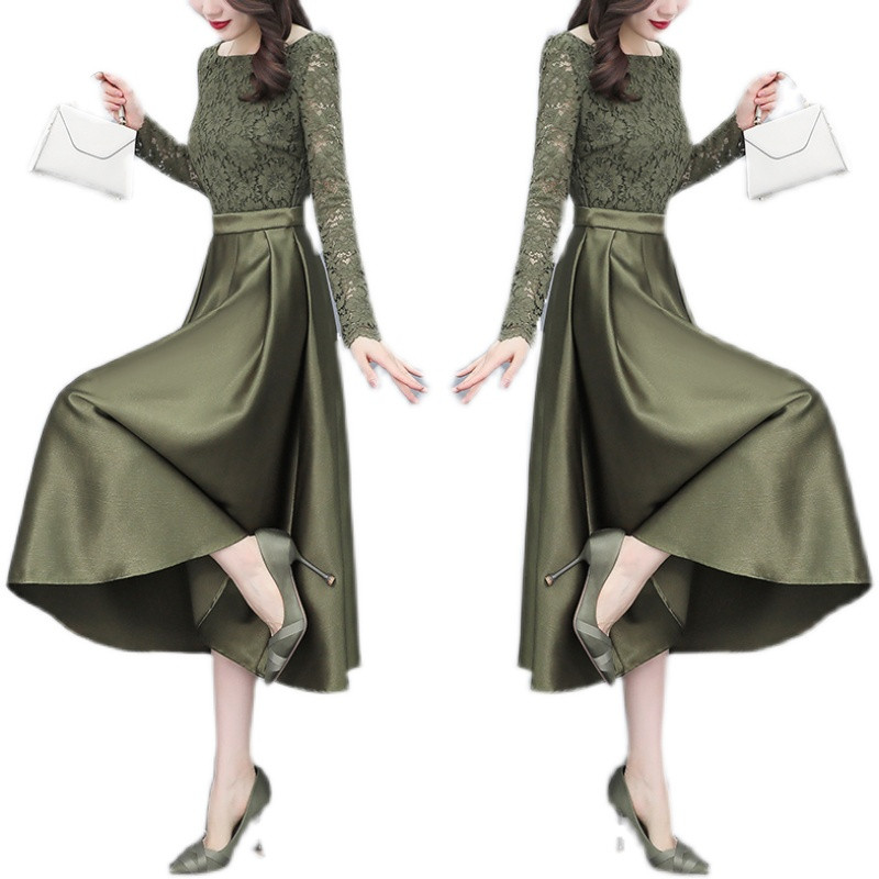 Čipkaste haljine dugih rukava srednje duljine za žene Proljetne, uske, visokog struka, Elegantne vintage jednobojne haljine A-kroja Ženska odjeća