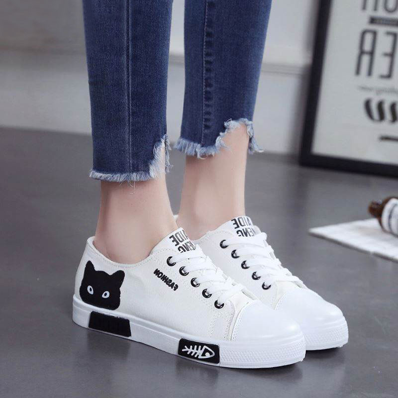 Încălțăminte pentru femei, pisici din desene animate, pantofi din pânză, pantofi vulcanizați pentru femei, pantofi cu șireturi pentru femei, pantofi pantofi albi, încălțăminte pentru femei