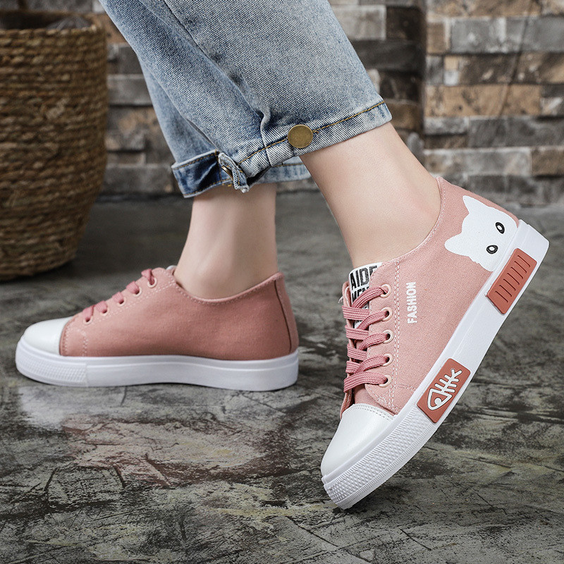 Încălțăminte pentru femei, pisici din desene animate, pantofi din pânză, pantofi vulcanizați pentru femei, pantofi cu șireturi pentru femei, pantofi pantofi albi, încălțăminte pentru femei