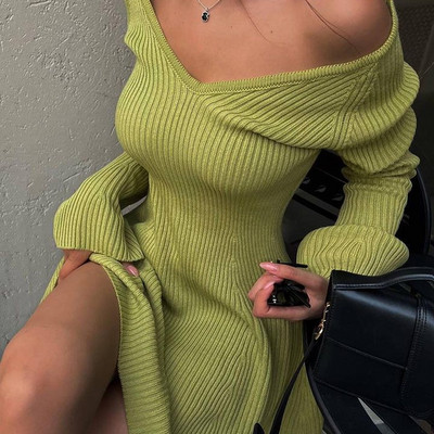 Moda mâneci lungi cu decolteu în V cu volan rochie din tricot pentru femei, mini pulover cu talie sexy, rochii pentru femei, toamna 2023, haină solidă pentru damă