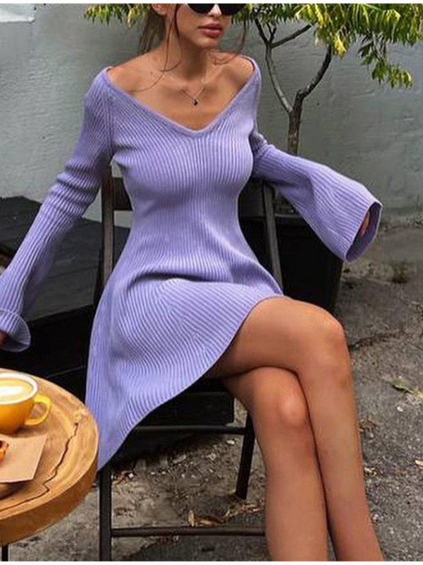 Moda mâneci lungi cu decolteu în V cu volan rochie din tricot pentru femei, mini pulover cu talie sexy, rochii pentru femei, toamna 2023, haină solidă pentru damă