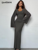 Rochie maxi cu mâneci lungi evazate, tricotate cu nervuri, cu șireturi, la spate, rochii elegante cu talie înaltă, 2023 pentru femei, toamnă, noua modă