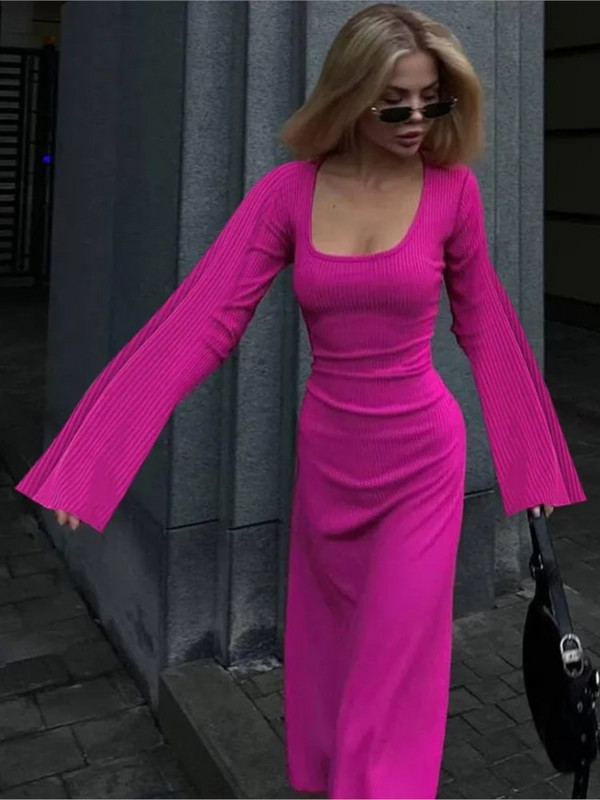 Rochie maxi cu mâneci lungi evazate, tricotate cu nervuri, cu șireturi, la spate, rochii elegante cu talie înaltă, 2023 pentru femei, toamnă, noua modă