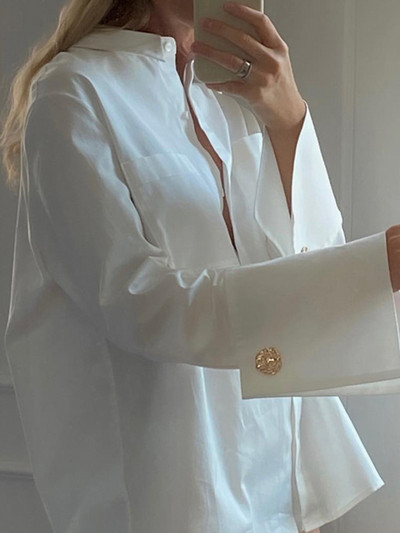 Λευκή μπλούζα Γυναικεία Κομψό, καθημερινό πουκάμισο με πέτο Φθινοπωρινό Γραφείο Γυναικείο μονόχρωμο μακρυμάνικο πουκάμισο Γυναικεία μπλούζα με αισθητική με κουμπιά