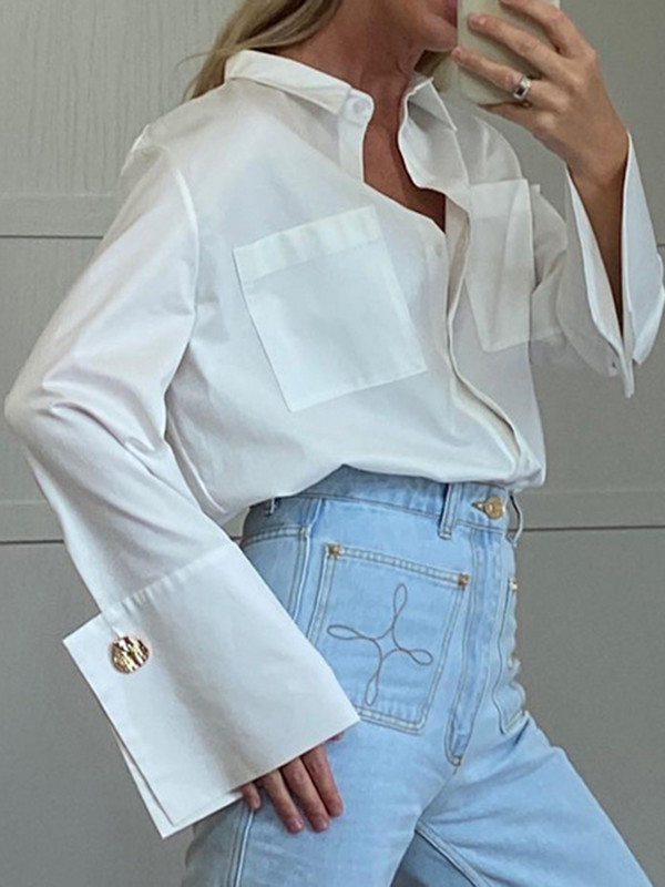 Λευκή μπλούζα Γυναικεία Κομψό, καθημερινό πουκάμισο με πέτο Φθινοπωρινό Γραφείο Γυναικείο μονόχρωμο μακρυμάνικο πουκάμισο Γυναικεία μπλούζα με αισθητική με κουμπιά