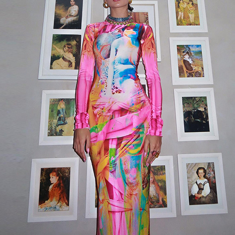 Καλοκαιρινά νέα γυναικεία ρούχα Yk2 Μόδα σέξι γκράφιτι με μακρυμάνικο όρθιο γιακά φόρεμα με εμπριμέ στενό γυναικείο φόρεμα