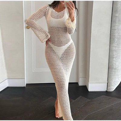 Μασίφ κούφιο εξώπλατο κορδόνι με κάλυμμα Γυναικεία μακρυμάνικα στρογγυλή λαιμόκοψη Maxi φορέματα One Pace Καλοκαιρινή γυναικεία ρόμπα παραλίας