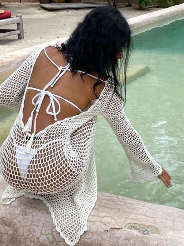 Μασίφ κούφιο εξώπλατο κορδόνι με κάλυμμα Γυναικεία μακρυμάνικα στρογγυλή λαιμόκοψη Maxi φορέματα One Pace Καλοκαιρινή γυναικεία ρόμπα παραλίας